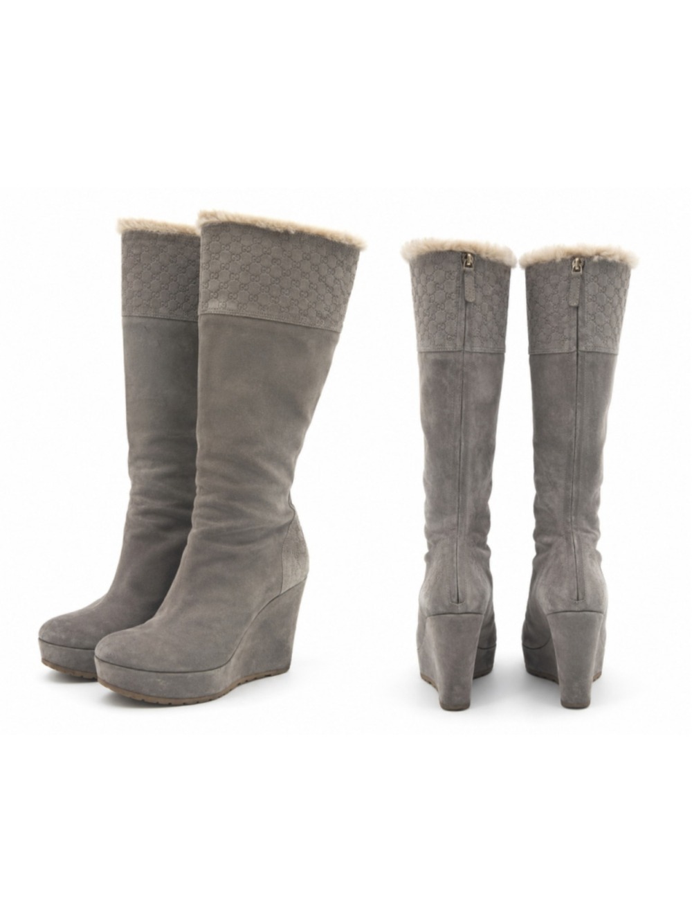 Gucci Courtney Microguccissima Taupe Suede Wedge Knee High Boots 36.5